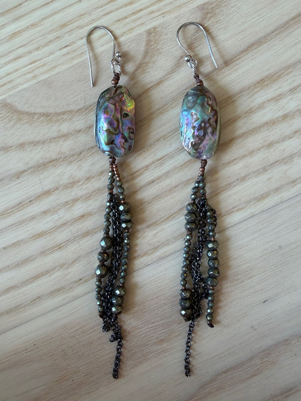 Iridiscent Abalone Drop Earrings with Hematite Beaded Tassels- Vintage, Handmade